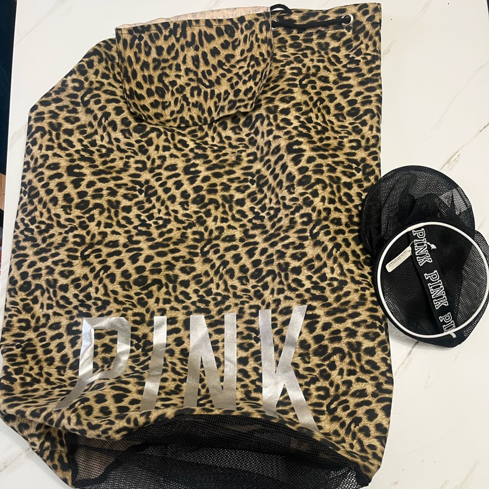 Leopard Print PINK Laundry Tote Bag and Pouch Set